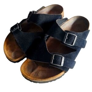 BIRKENSTOCK Birki's Lyon Black Suede Leather Double Strap Slide-on Sandal W9/M7